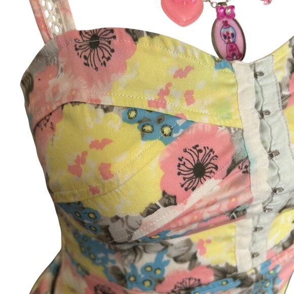 Free People Corset Peplum Top Coquette Cottagecore Floral sz 0 Pink Yellow - Picture 2 of 4